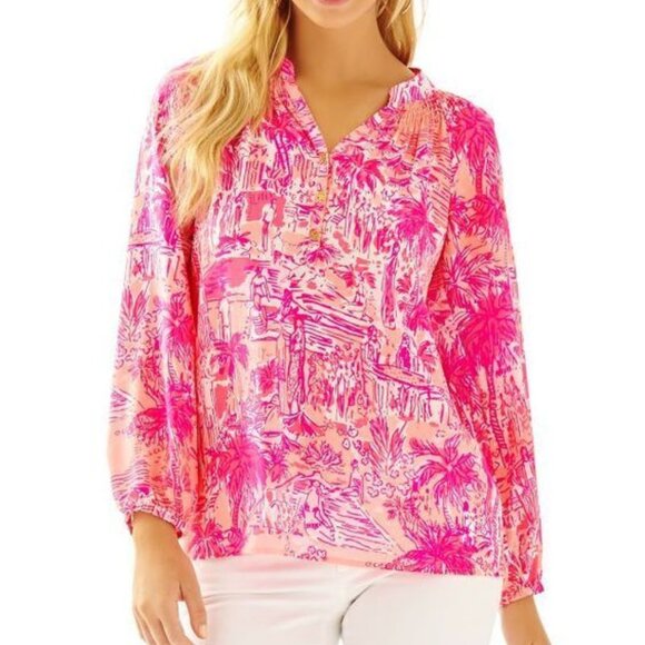Lilly Pulitzer Elsa Silk Top - Cheeky Melon Rule Breakers - Size XS - Picture 1 of 10